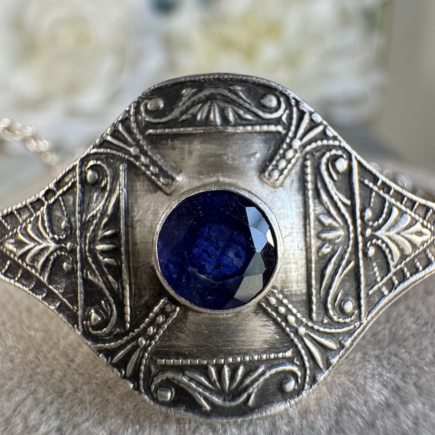 Art Deco Blue Sapphire half cuff artisan bracelet in Sterling Silver
