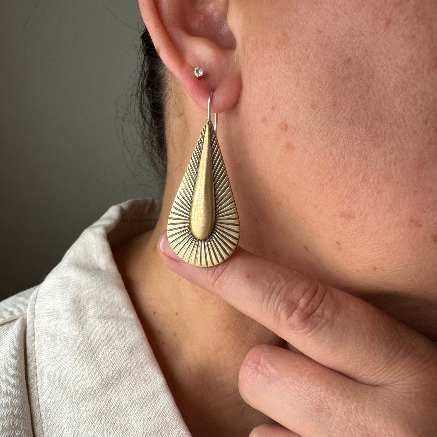 Art Deco radiant teardrop handmade mixed metal earrings in solid Brass and Sterling Silver