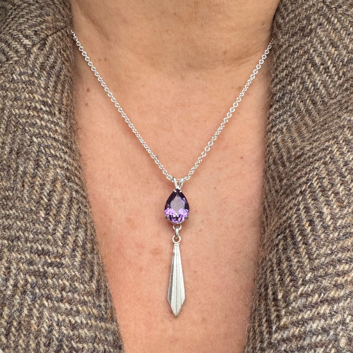 Art Deco pear shape 9ct Amethyst lariat necklace handmade in Sterling Silver