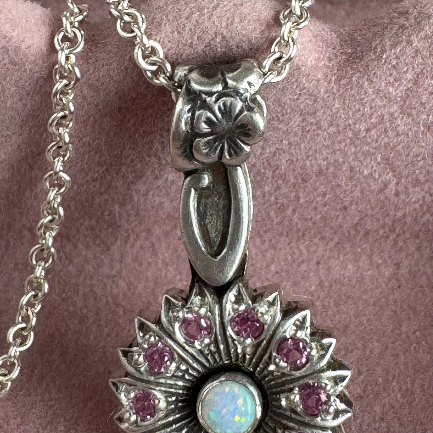 Botanical Opal and Sapphire artisan Victorian necklace in Sterling Silver