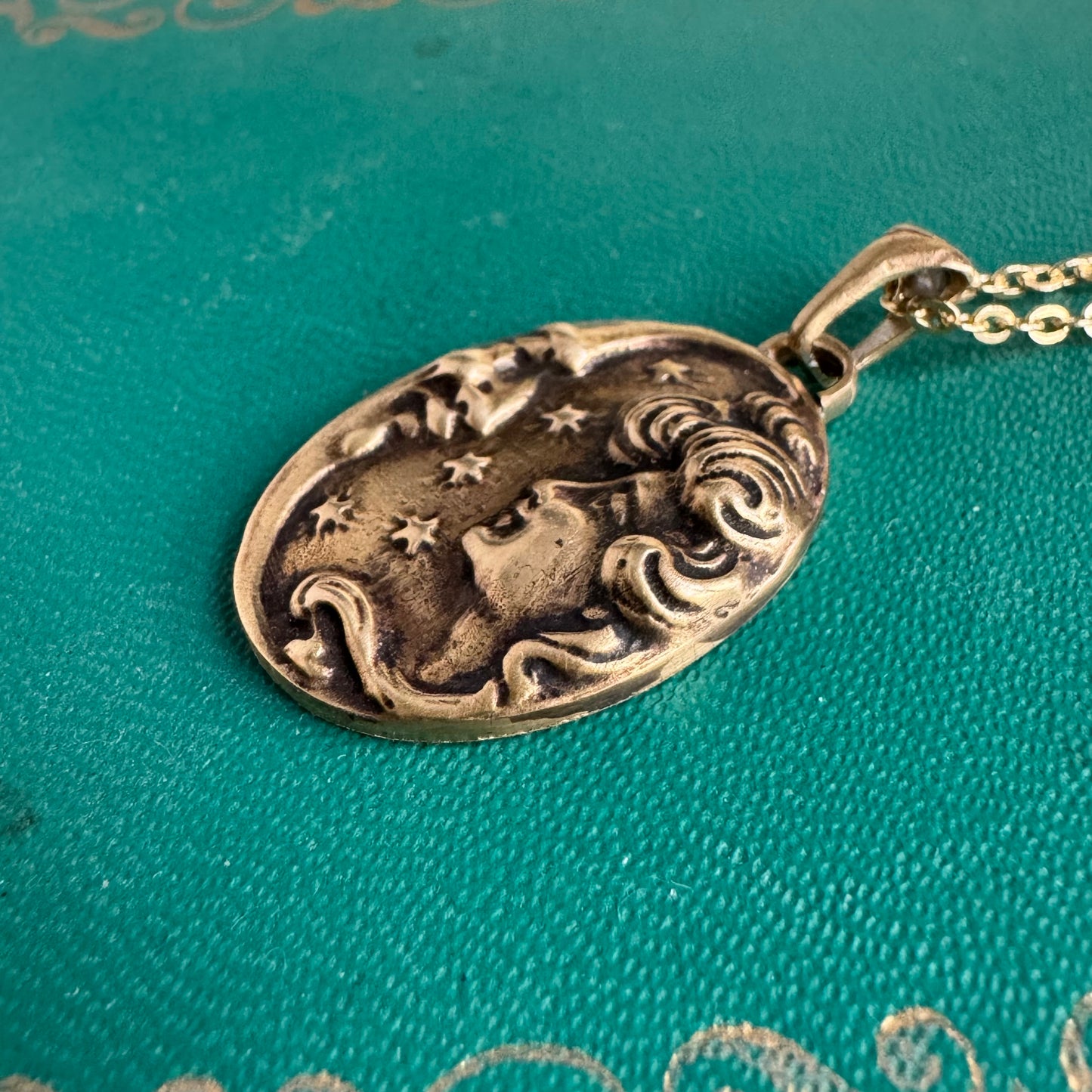 Victorian moon maiden artisan gold brass amulet necklace