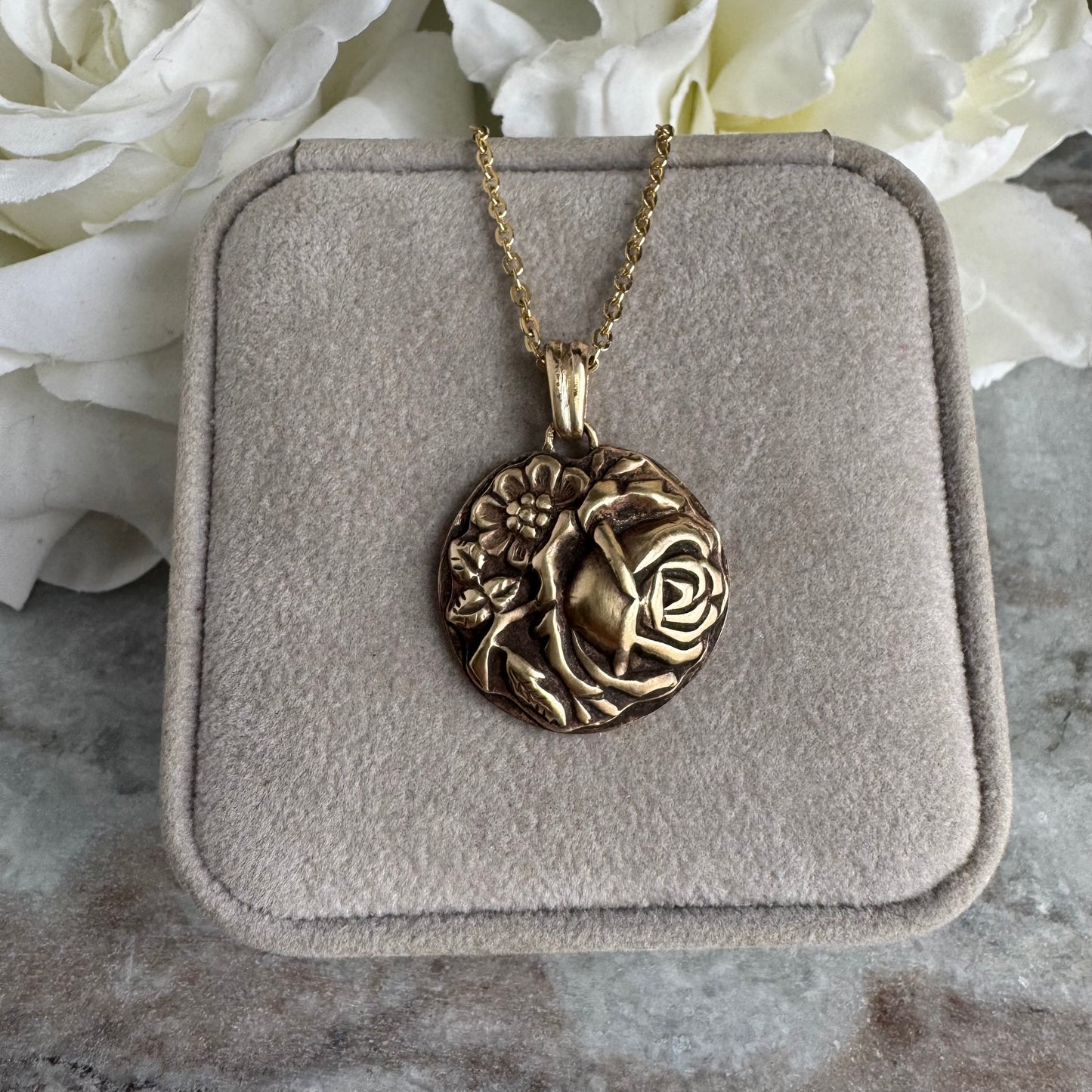 Vintage rose garden botanical bloom artisan gold brass necklace