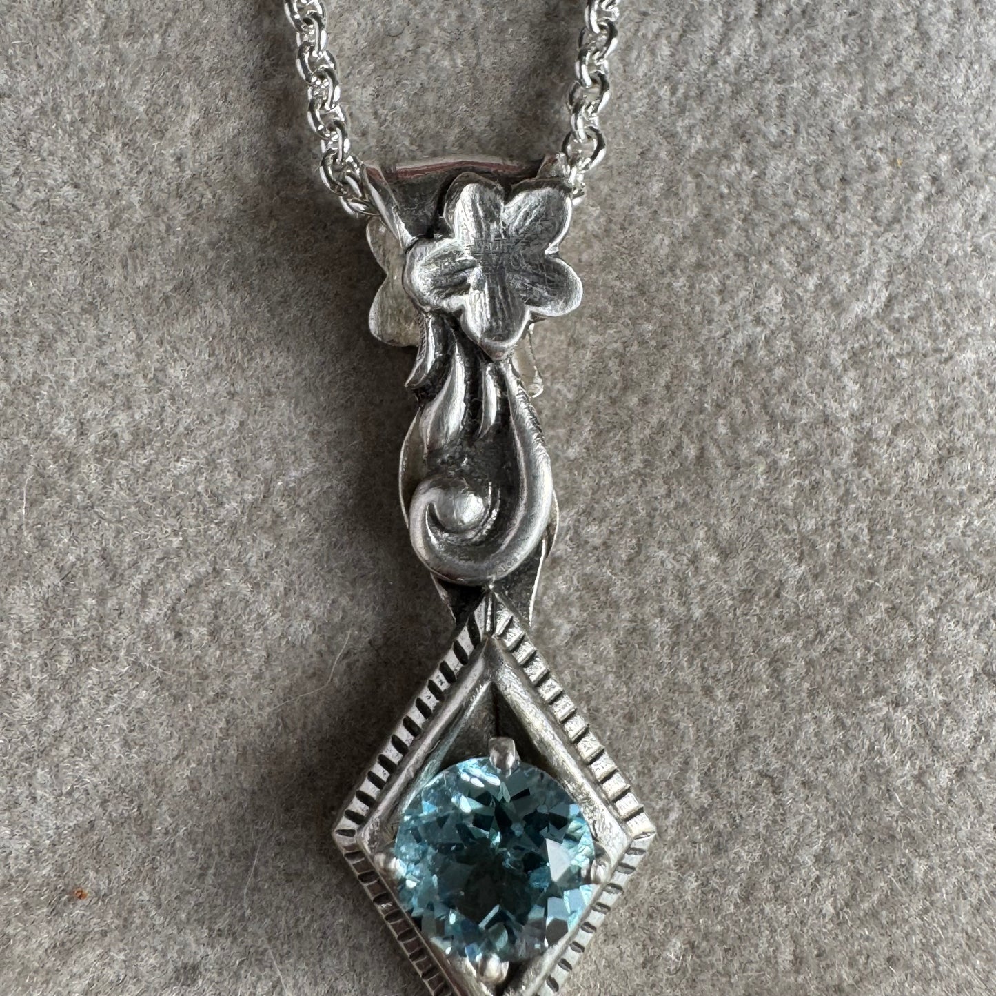 Art Nouveau botanical Blue Topaz artisan diamond shape necklace in Sterling Silver