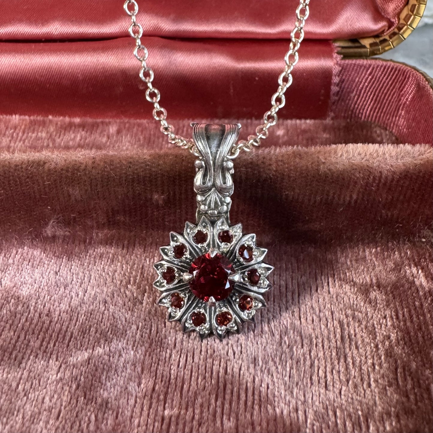 Mozambique Garnet handmade Victorian necklace in Sterling Silver