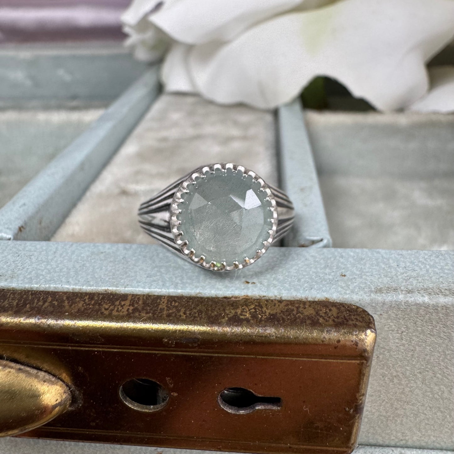 Art Deco 4ct Aquamarine handmade cocktail ring in Sterling Silver SIZE 7