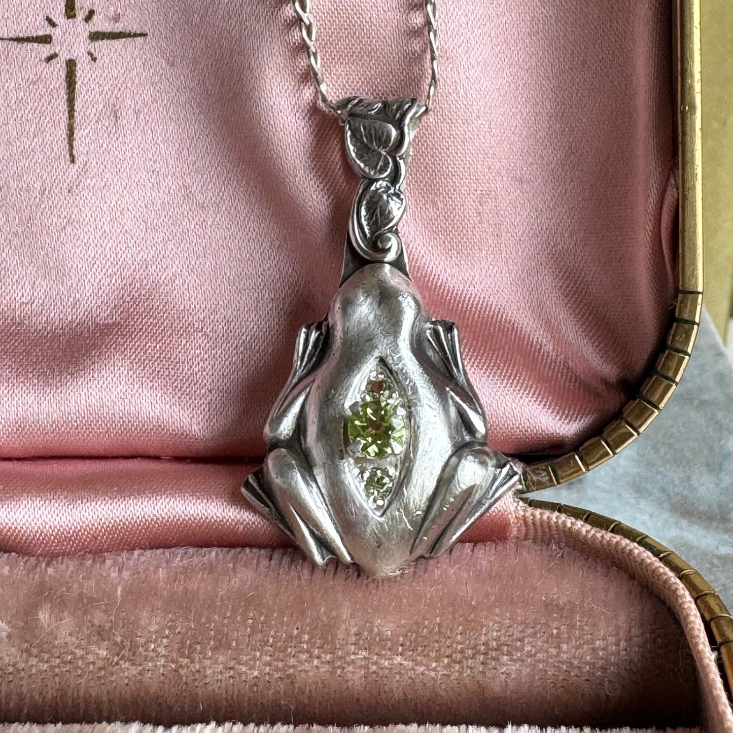 Art Nouveau botanical Frog artisan Peridot necklace
