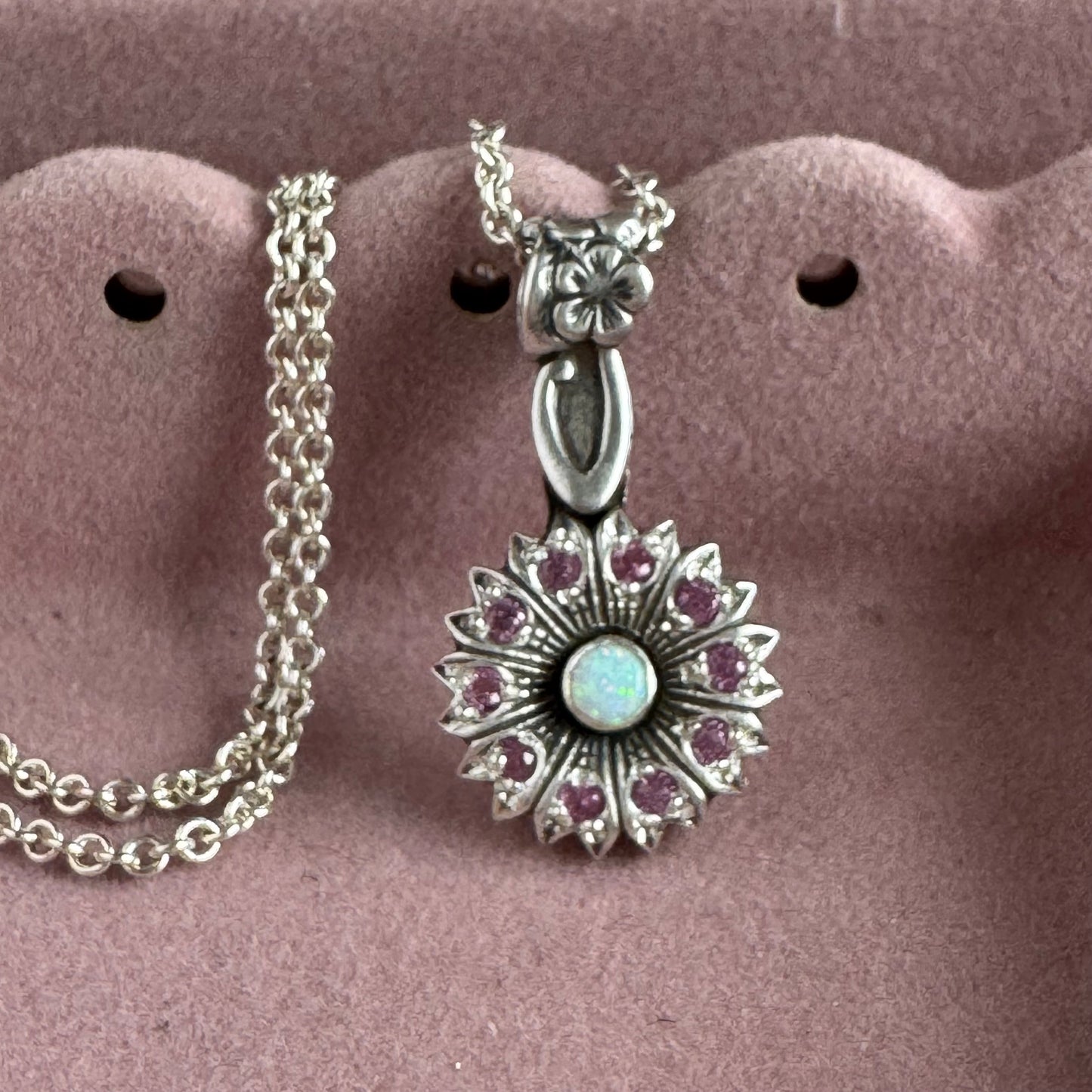 Botanical Opal and Sapphire artisan Victorian necklace in Sterling Silver