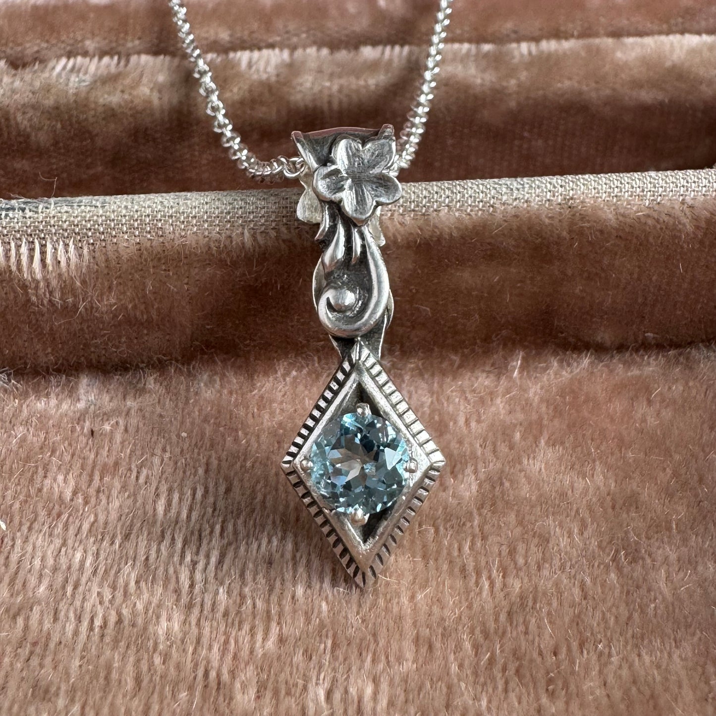 Art Nouveau botanical Blue Topaz artisan diamond shape necklace in Sterling Silver