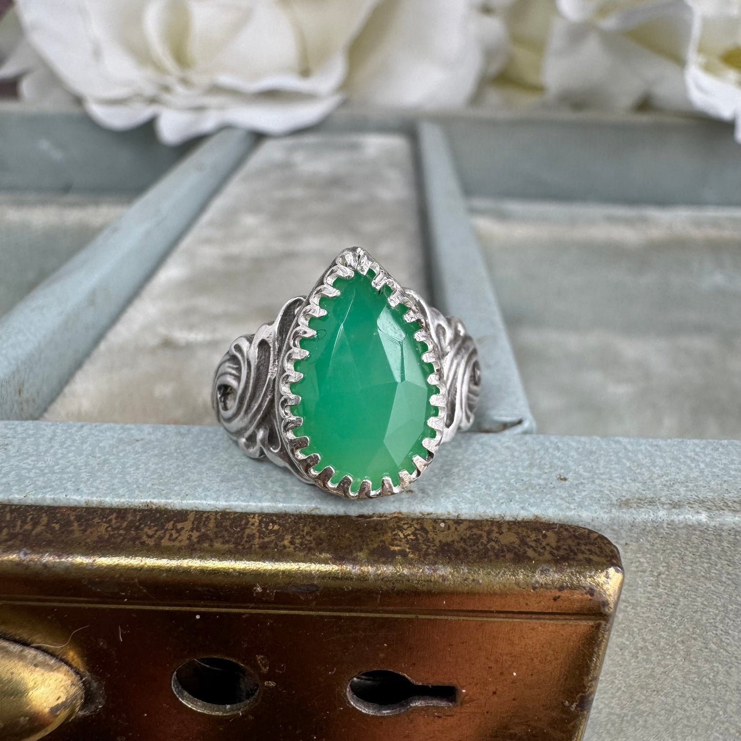 Art Nouveau ocean waves Chrysoprase handmade pear shaped cocktail ring in Sterling silver