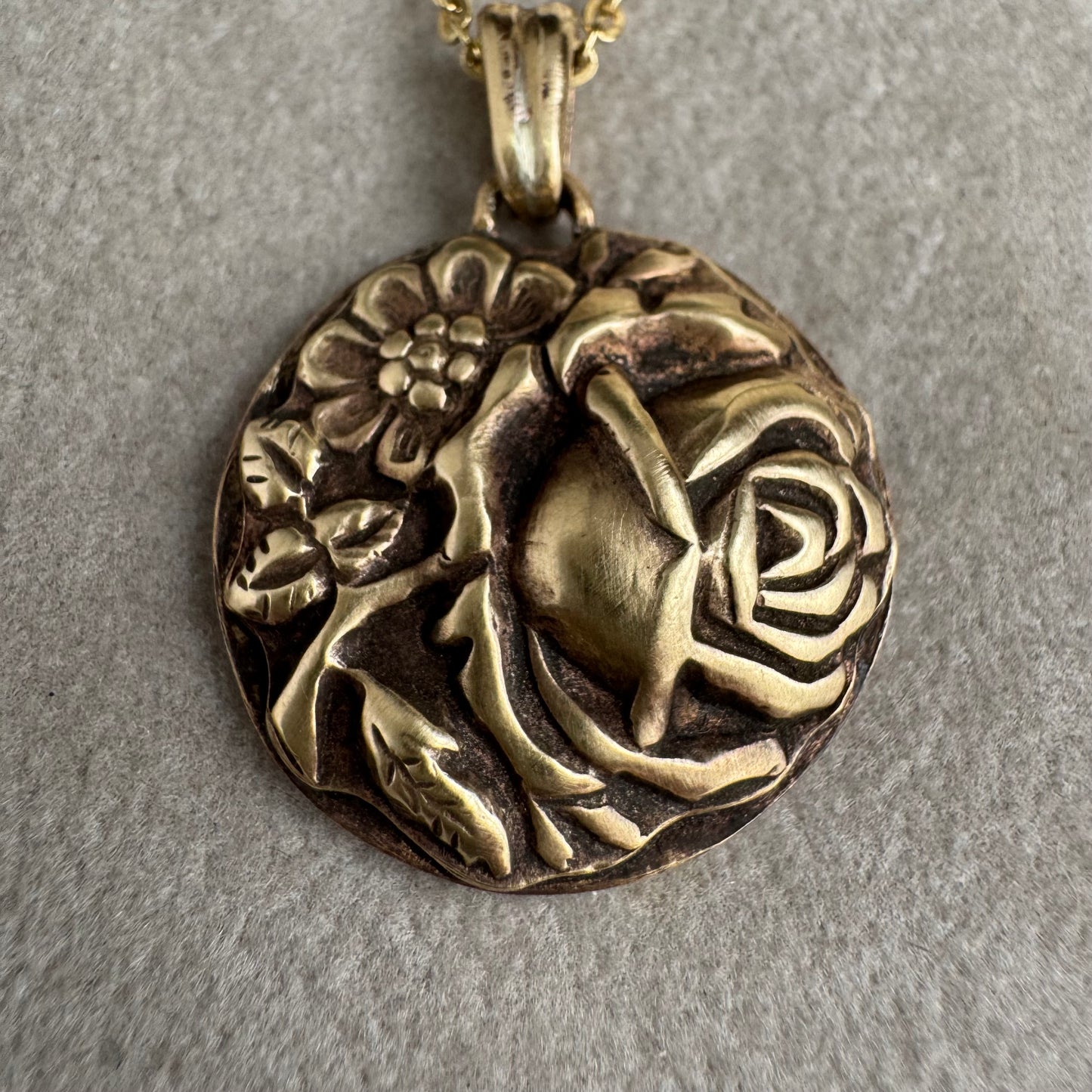 Vintage rose garden botanical bloom artisan gold brass necklace