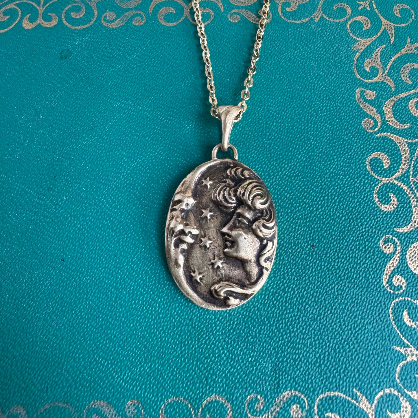 Victorian moon maiden artisan gold brass amulet necklace