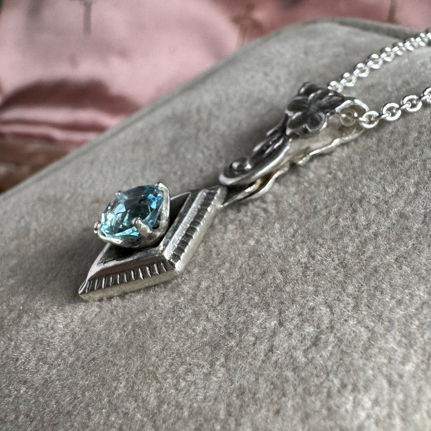 Art Nouveau botanical Blue Topaz artisan diamond shape necklace in Sterling Silver