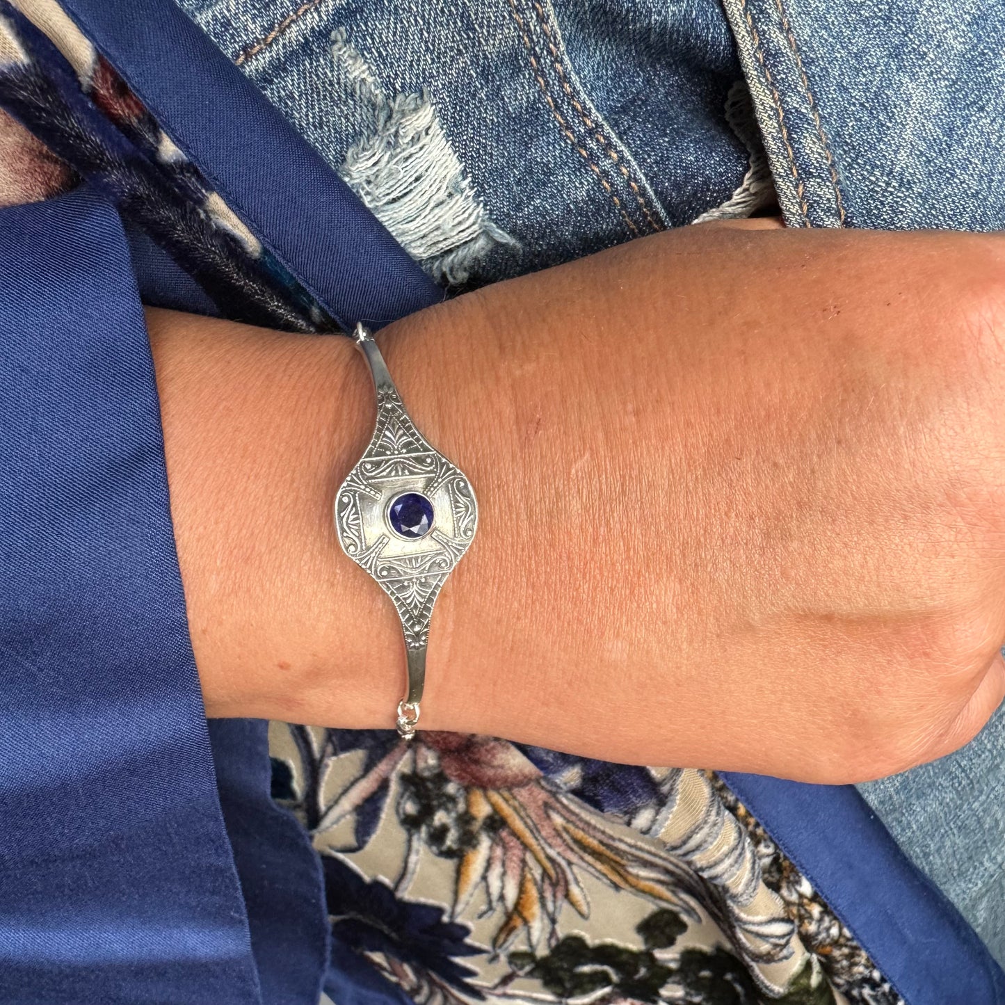 Art Deco Blue Sapphire half cuff artisan bracelet in Sterling Silver