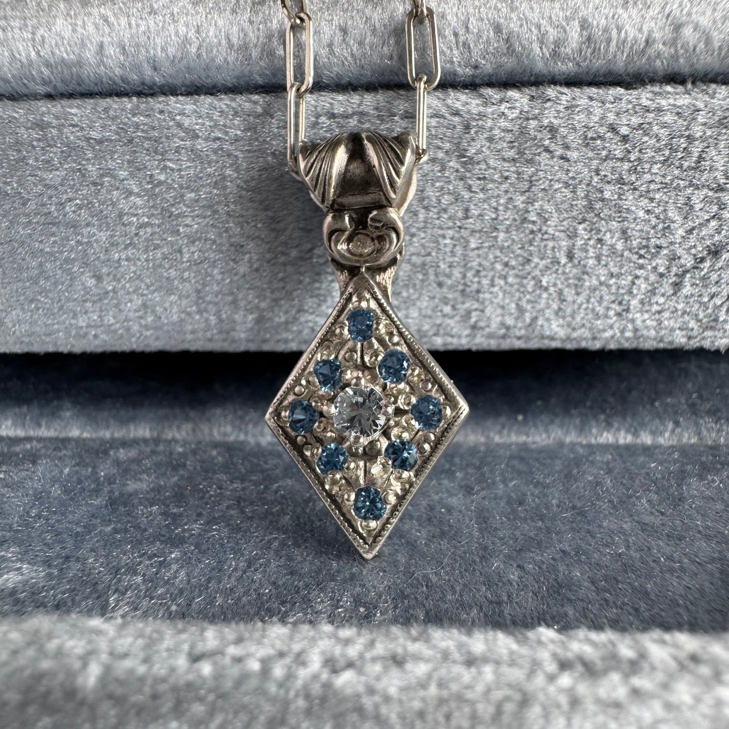 Art Deco Aquamarine and Zircon artisan necklace in Sterling Silver