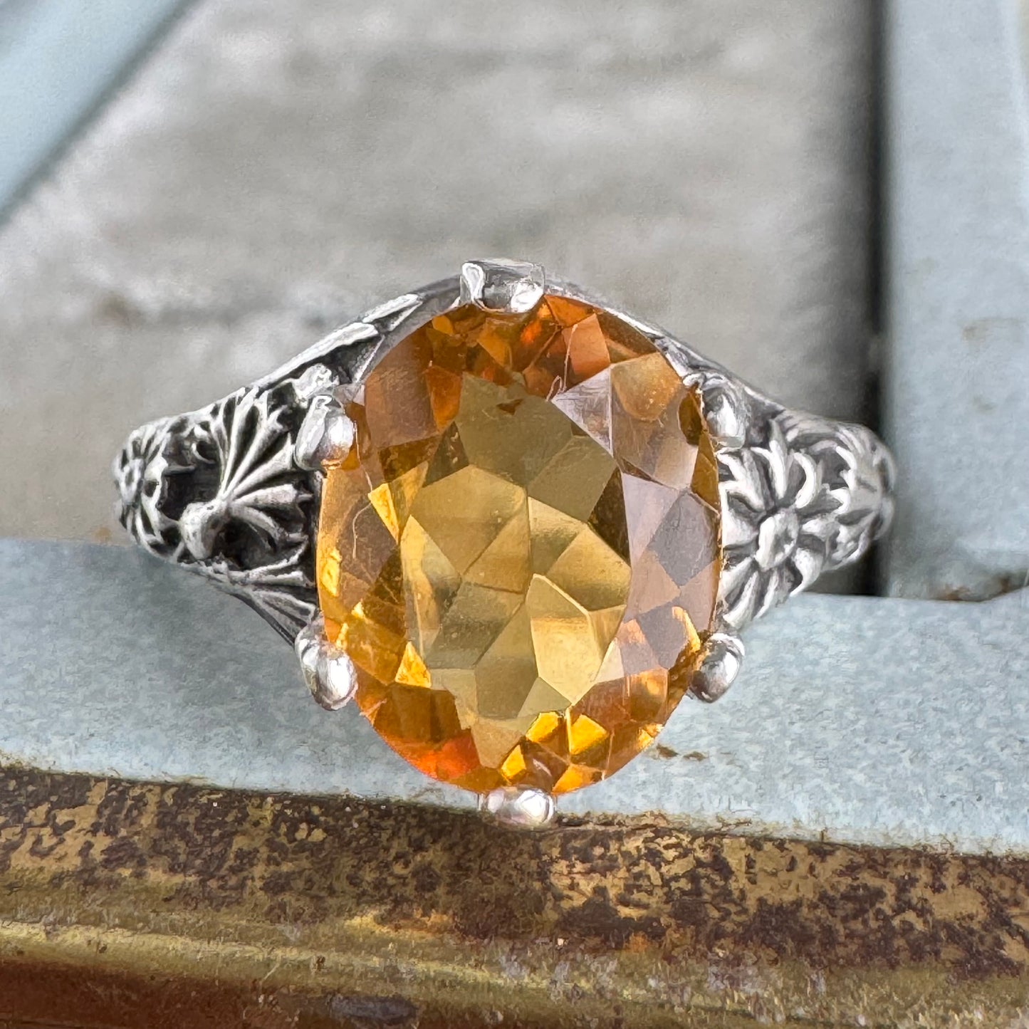 Victorian wildflower artisan 3ct Citrine cocktail ring SIZE 6