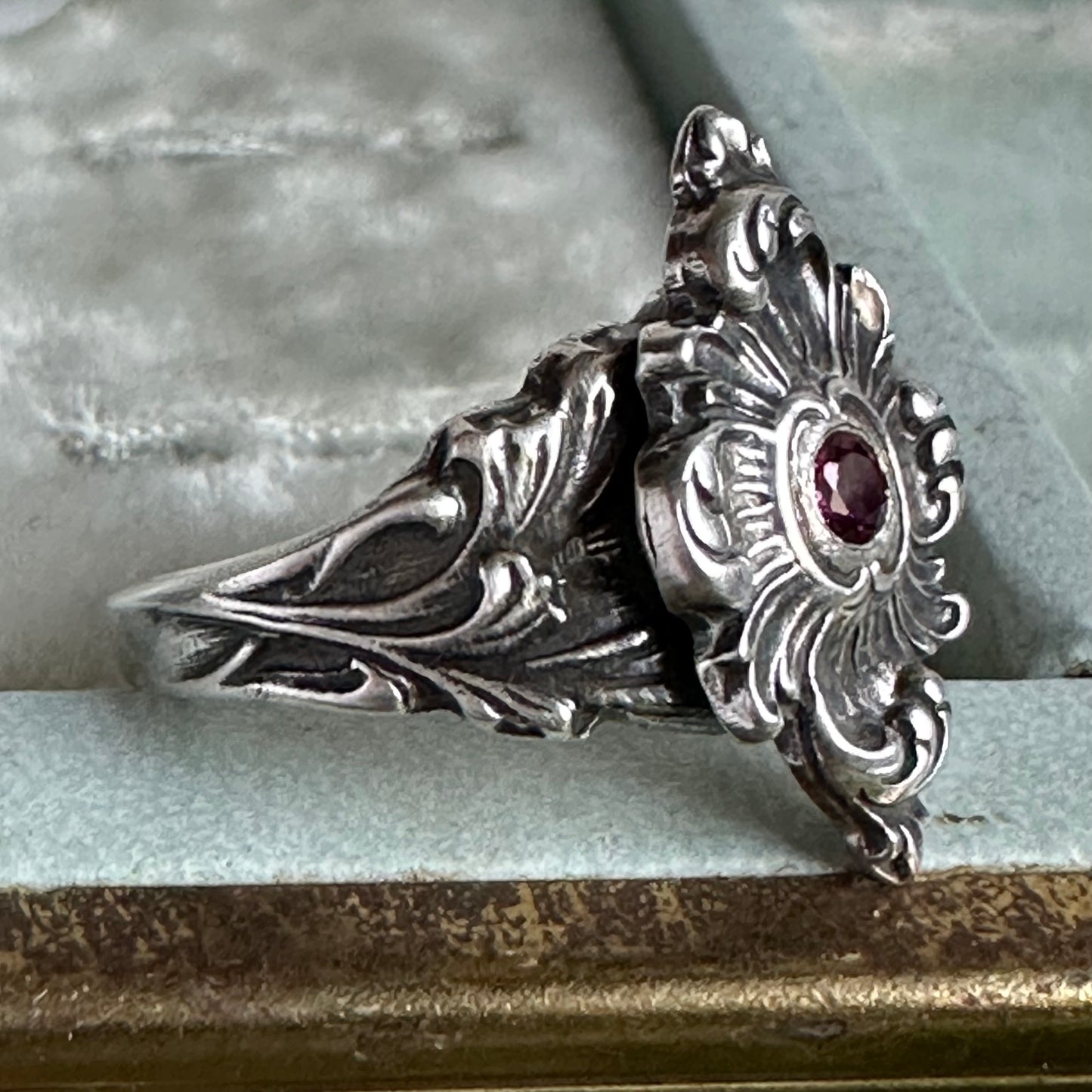 Gothic Fairytale Garnet cocktail ring handmade in Sterling Silver