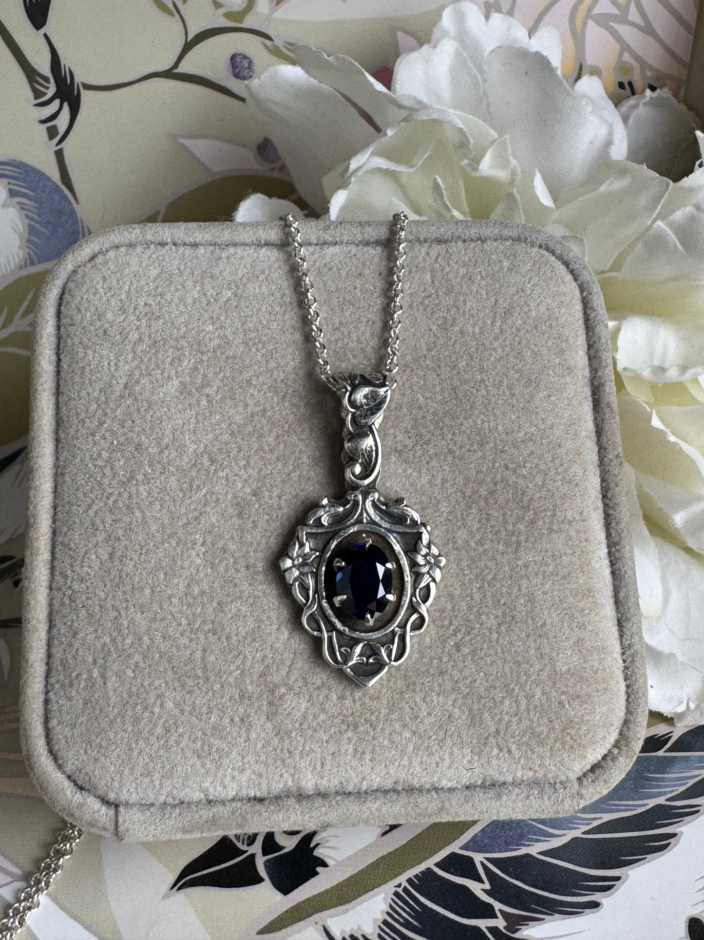 Victorian Gothic Garden blue Sapphire Artisan necklace in Sterling Silver