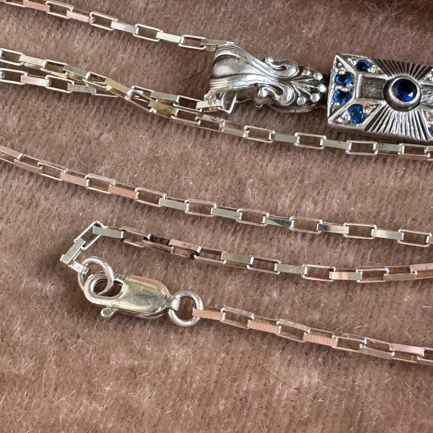 Art Deco blue Sapphire and Spinel handmade necklace in Sterling Silver