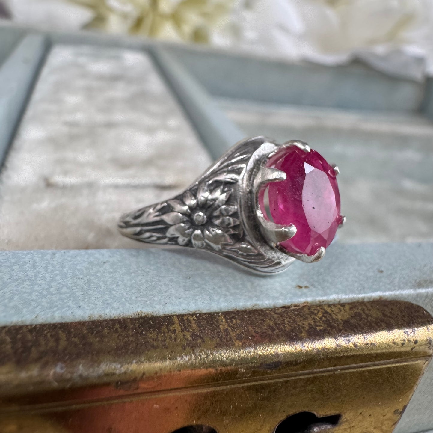 Wildflower botanical 1.5 carat Pink Sapphire handmade ring in Sterling Silver SIZE 7