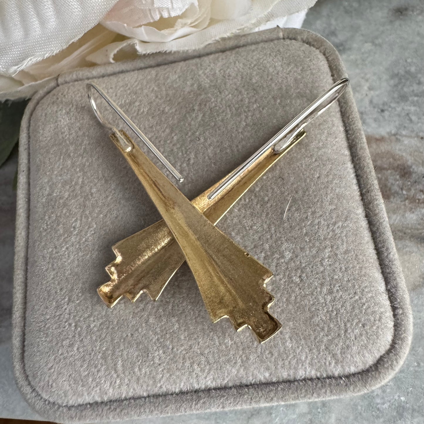 Art Deco mixed metal gold Brass and Sterling Silver drop artisan earrings