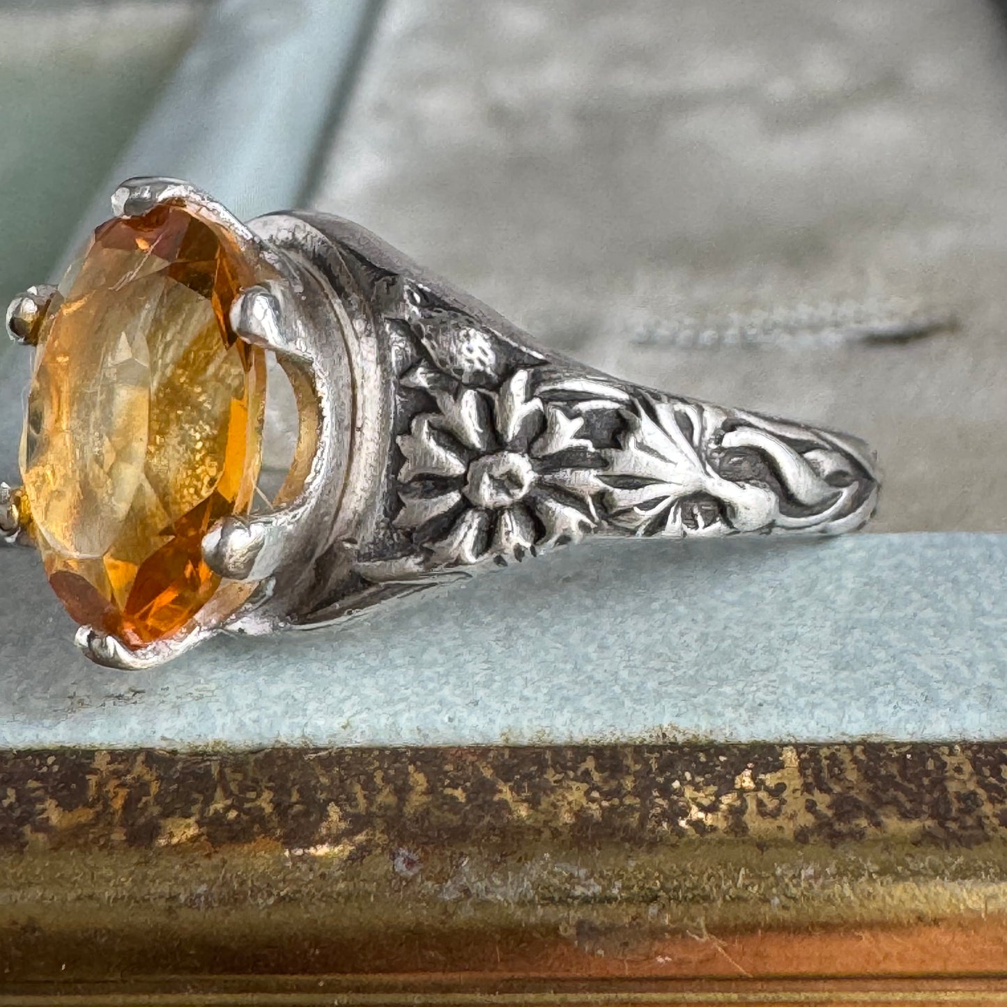 Victorian wildflower artisan 3ct Citrine cocktail ring SIZE 6
