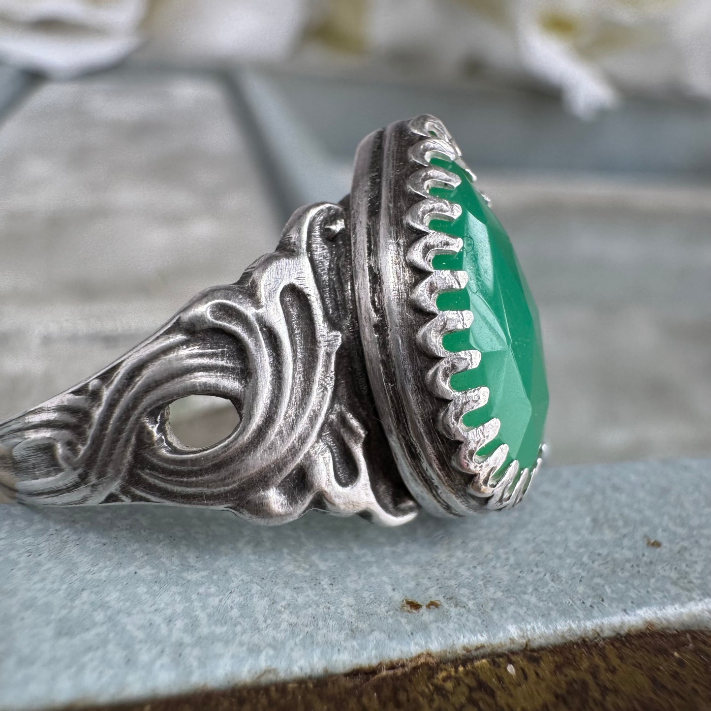 Art Nouveau ocean waves Chrysoprase handmade pear shaped cocktail ring in Sterling silver