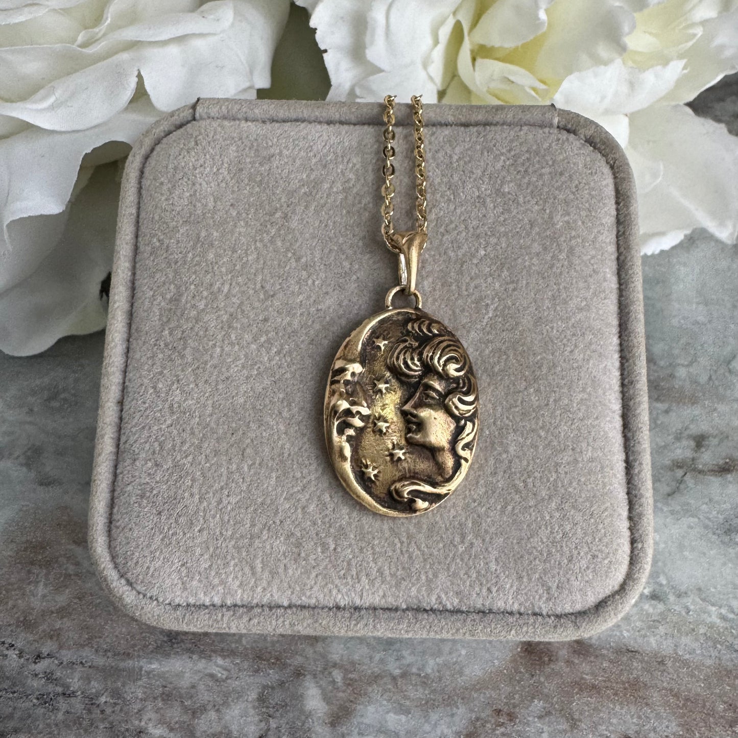 Victorian moon maiden artisan gold brass amulet necklace