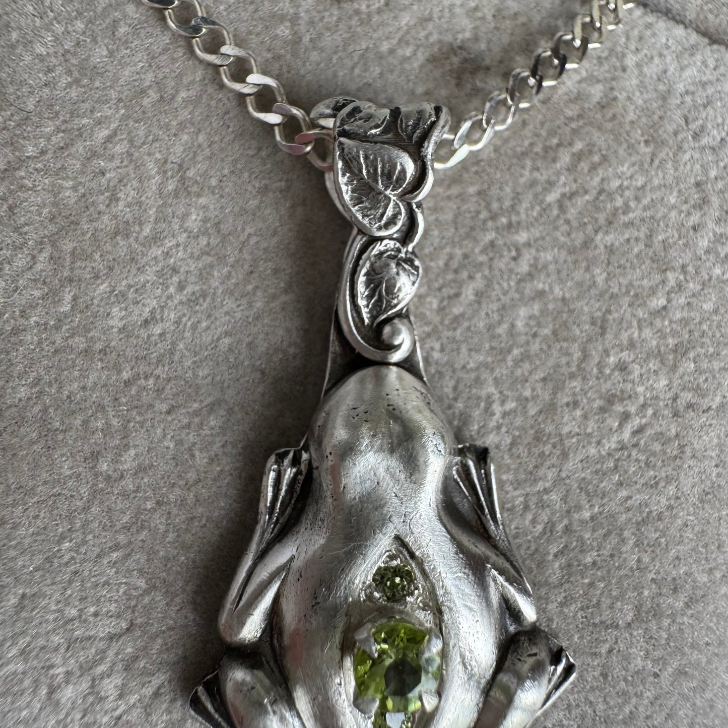 Art Nouveau botanical Frog artisan Peridot necklace