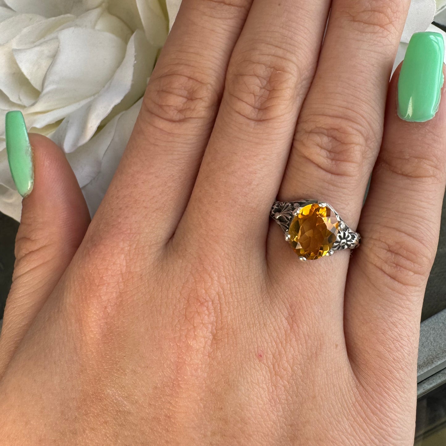 Victorian wildflower artisan 3ct Citrine cocktail ring SIZE 6