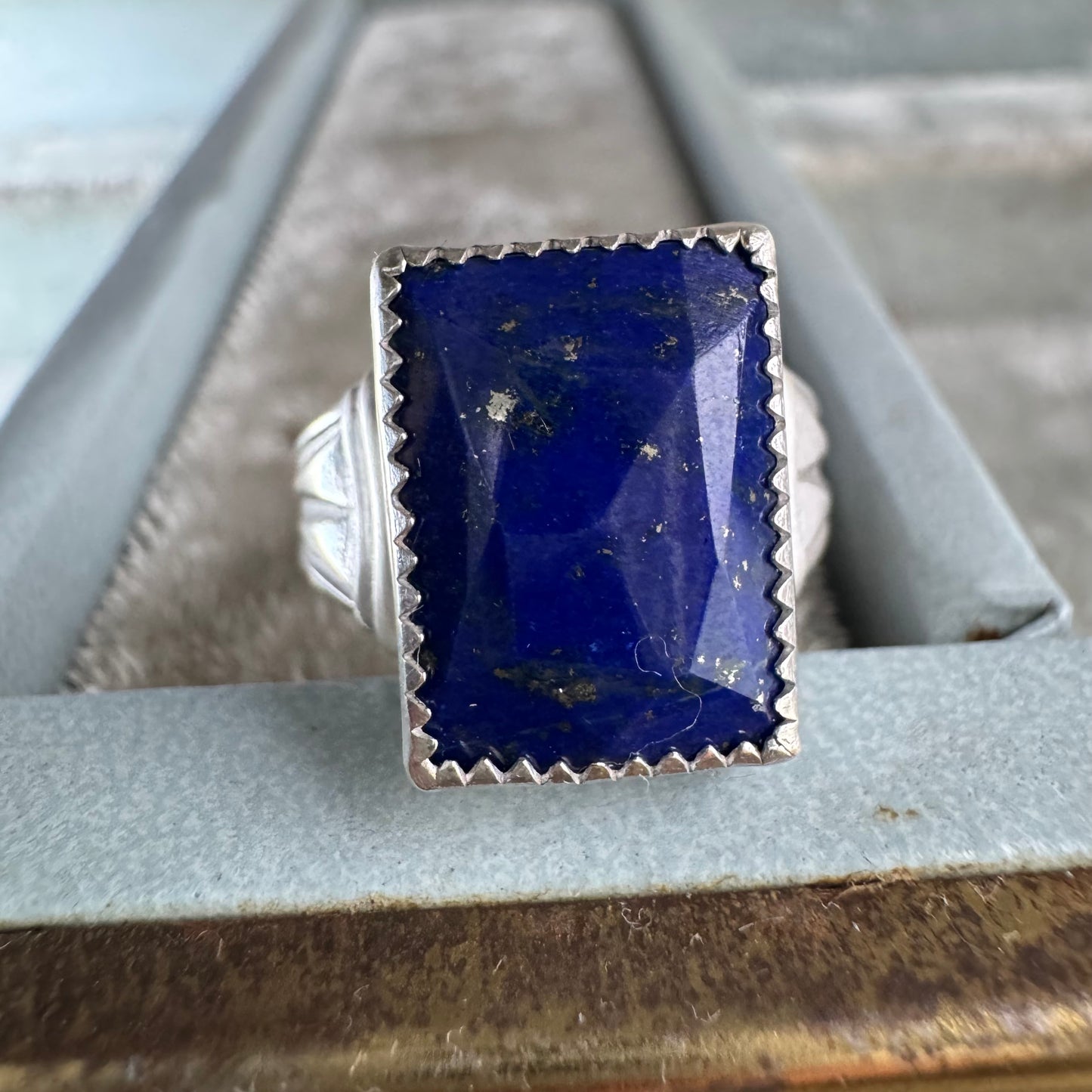 Art Deco Blue Lapis gemstone handmade cocktail ring in Sterling Silver SIZE 7