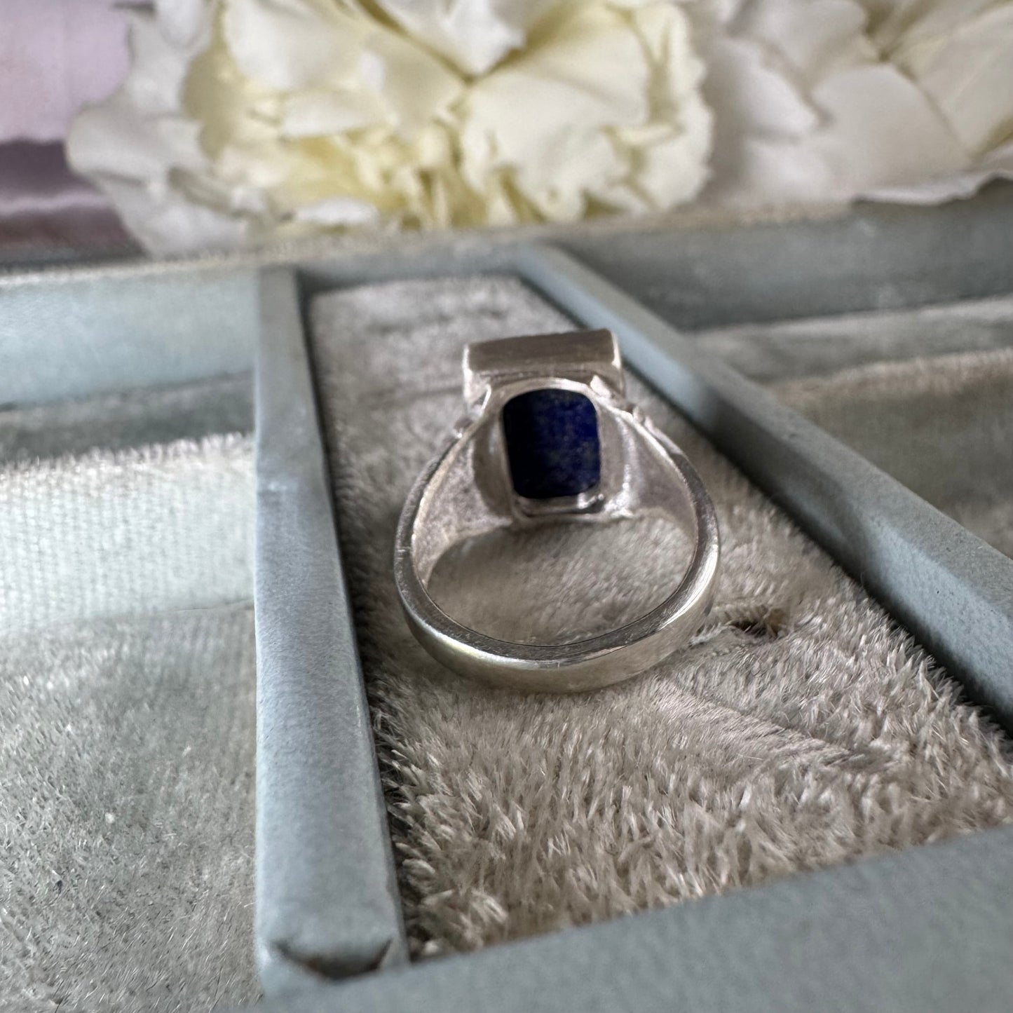Art Deco Blue Lapis gemstone handmade cocktail ring in Sterling Silver SIZE 7
