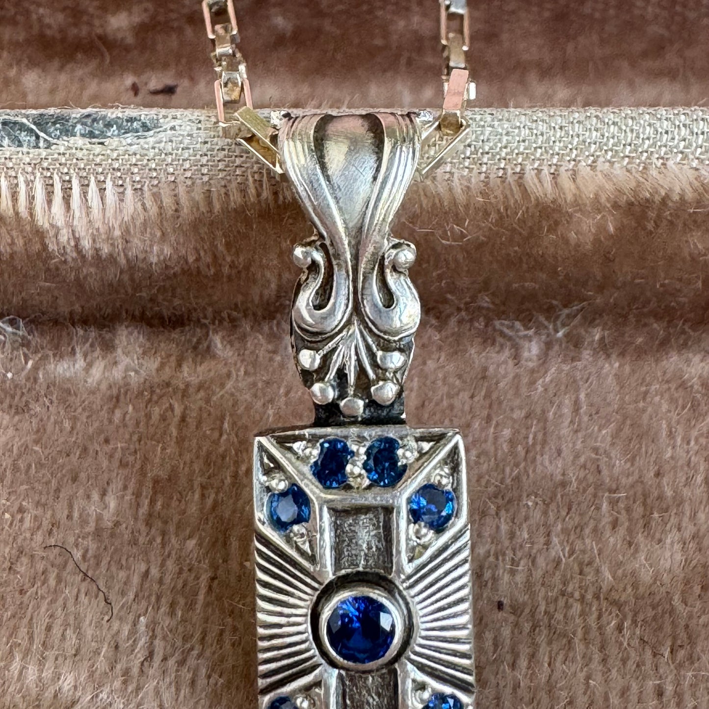 Art Deco blue Sapphire and Spinel handmade necklace in Sterling Silver
