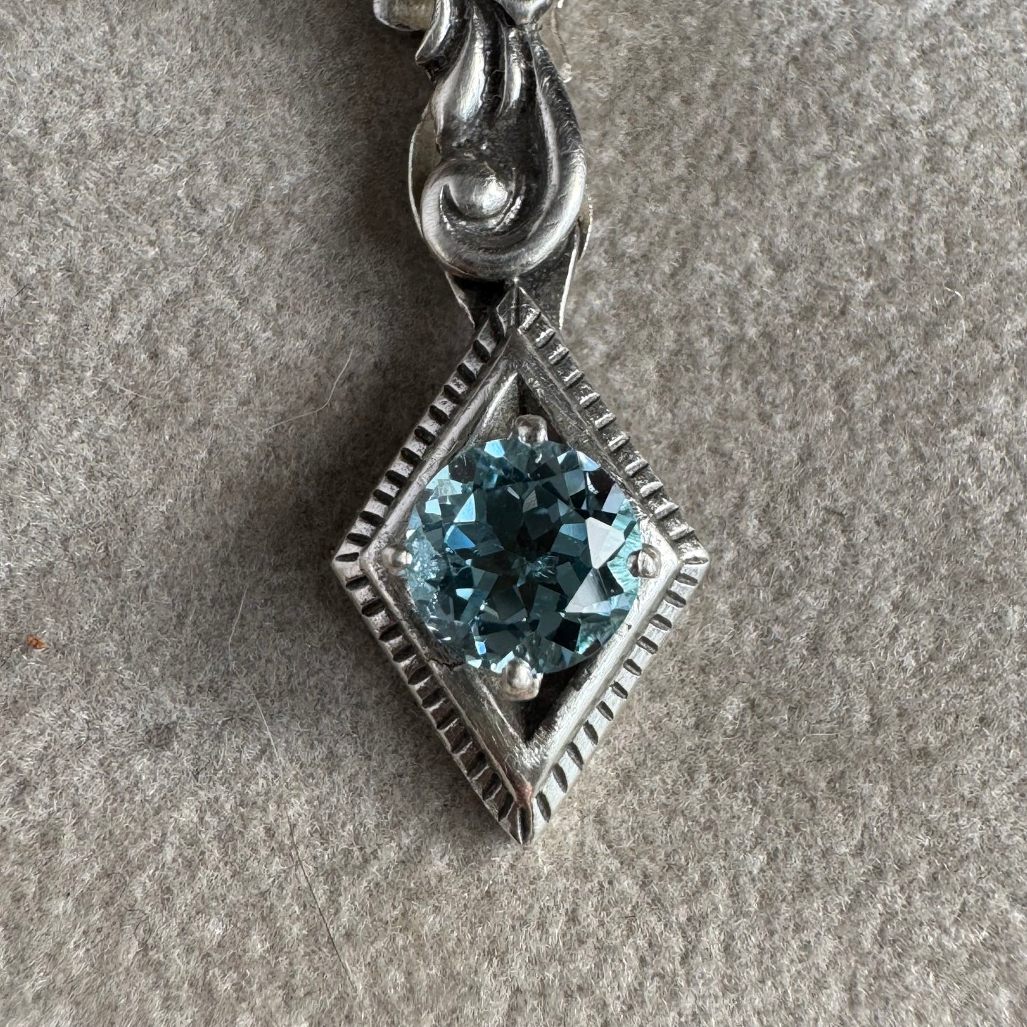 Art Nouveau botanical Blue Topaz artisan diamond shape necklace in Sterling Silver