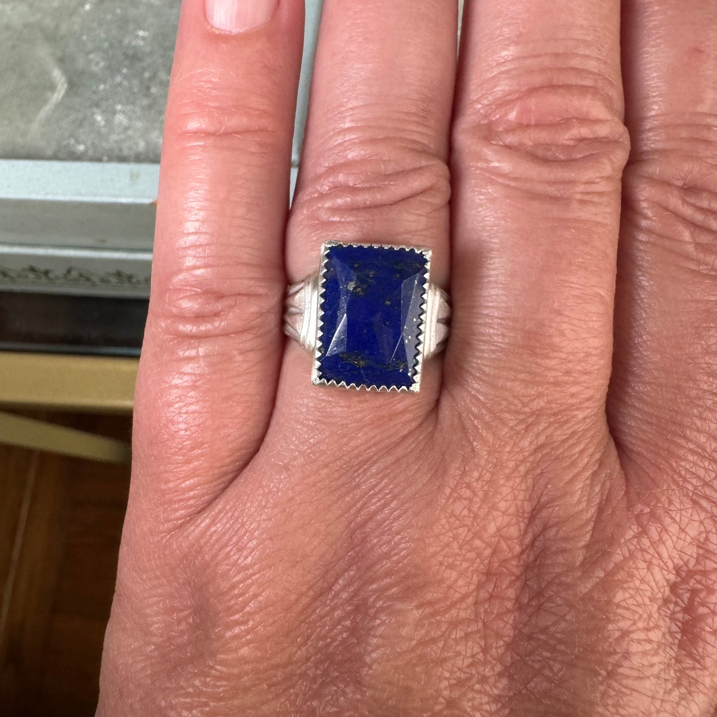 Art Deco Blue Lapis gemstone handmade cocktail ring in Sterling Silver SIZE 7