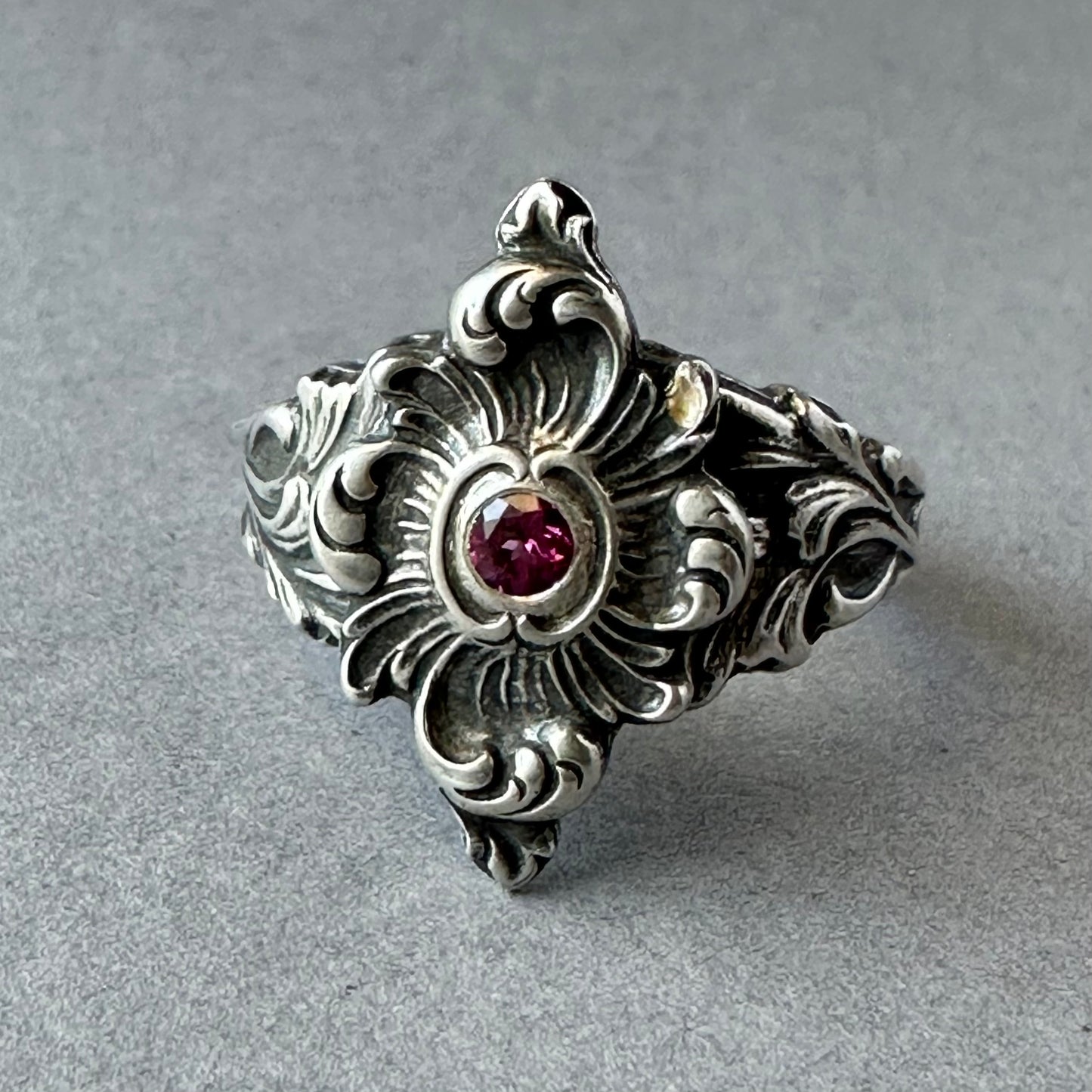 Gothic Fairytale Garnet cocktail ring handmade in Sterling Silver