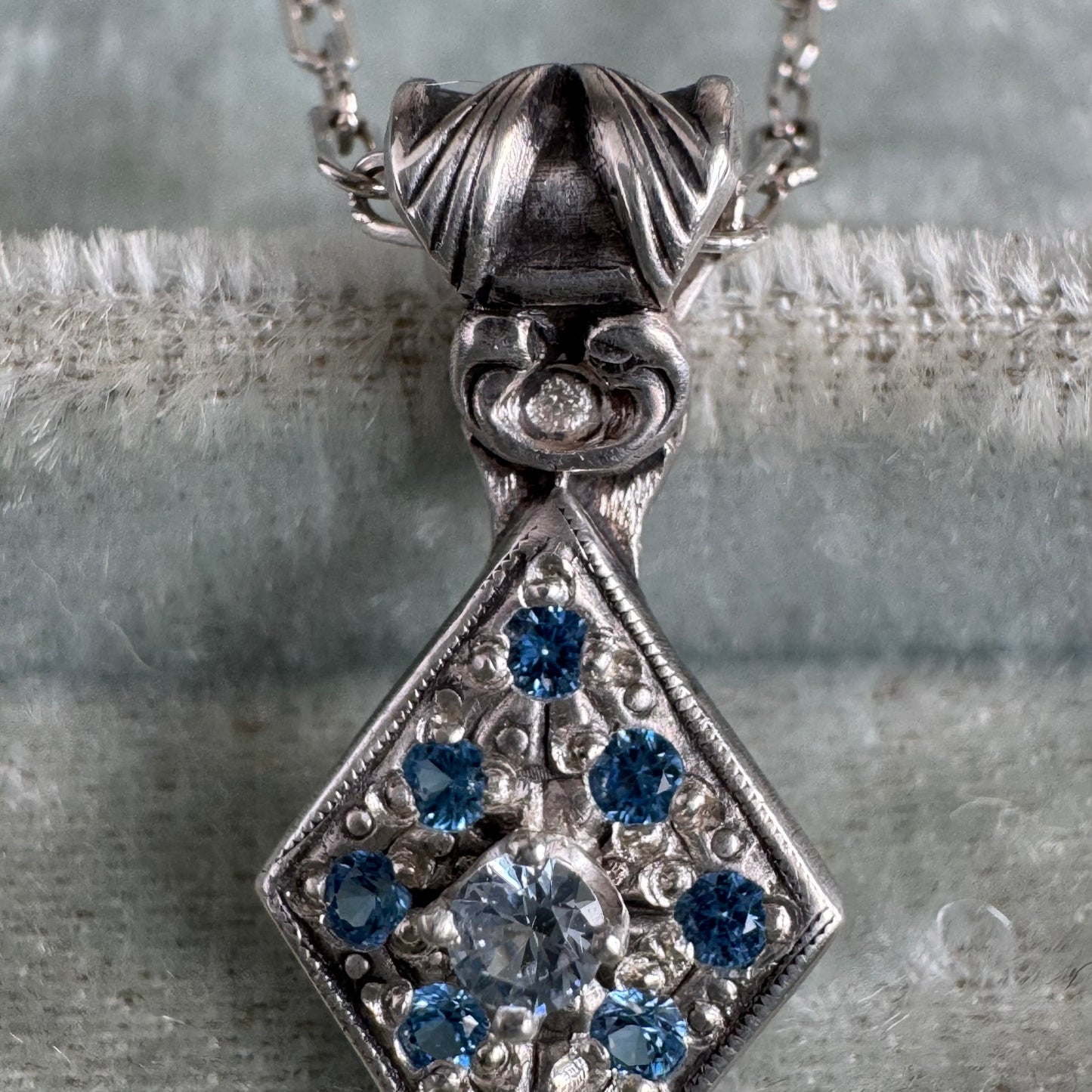 Art Deco Aquamarine and Zircon artisan necklace in Sterling Silver