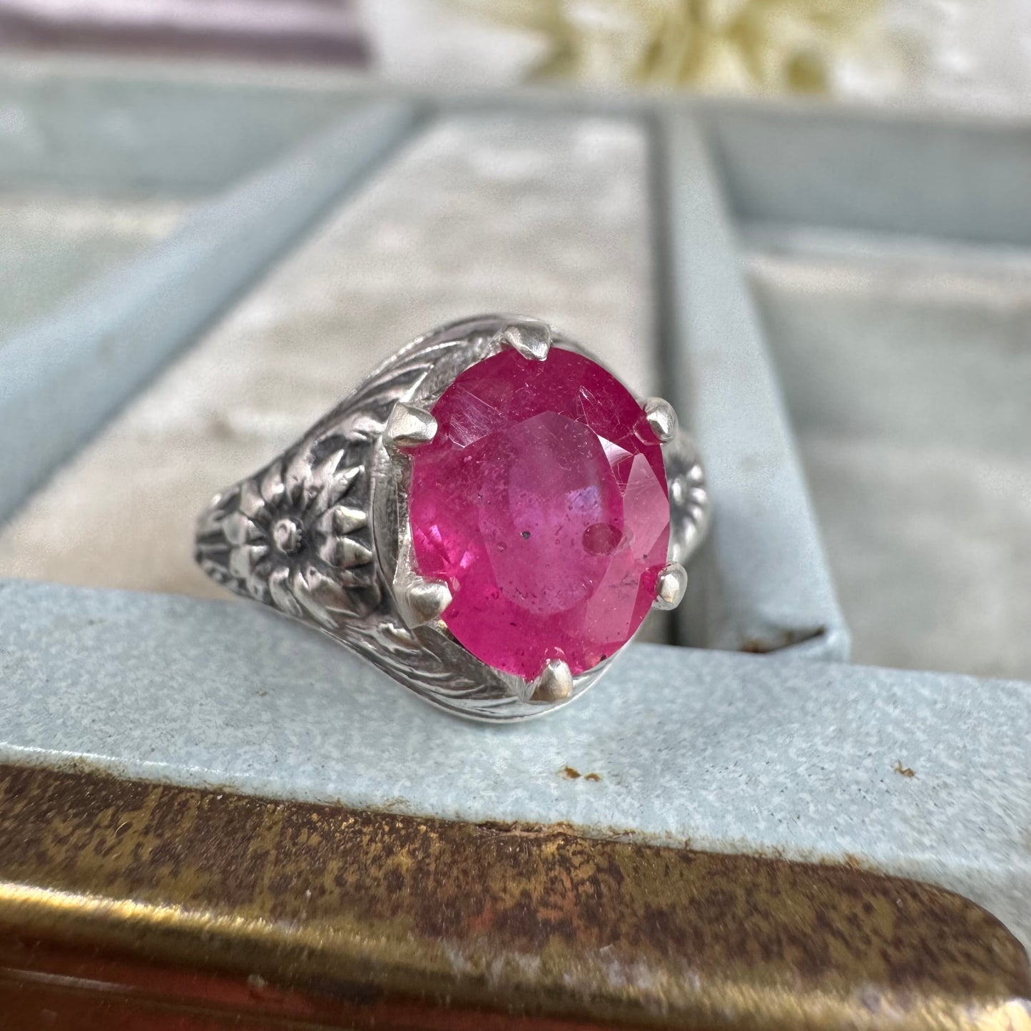 Wildflower botanical 1.5 carat Pink Sapphire handmade ring in Sterling Silver SIZE 7