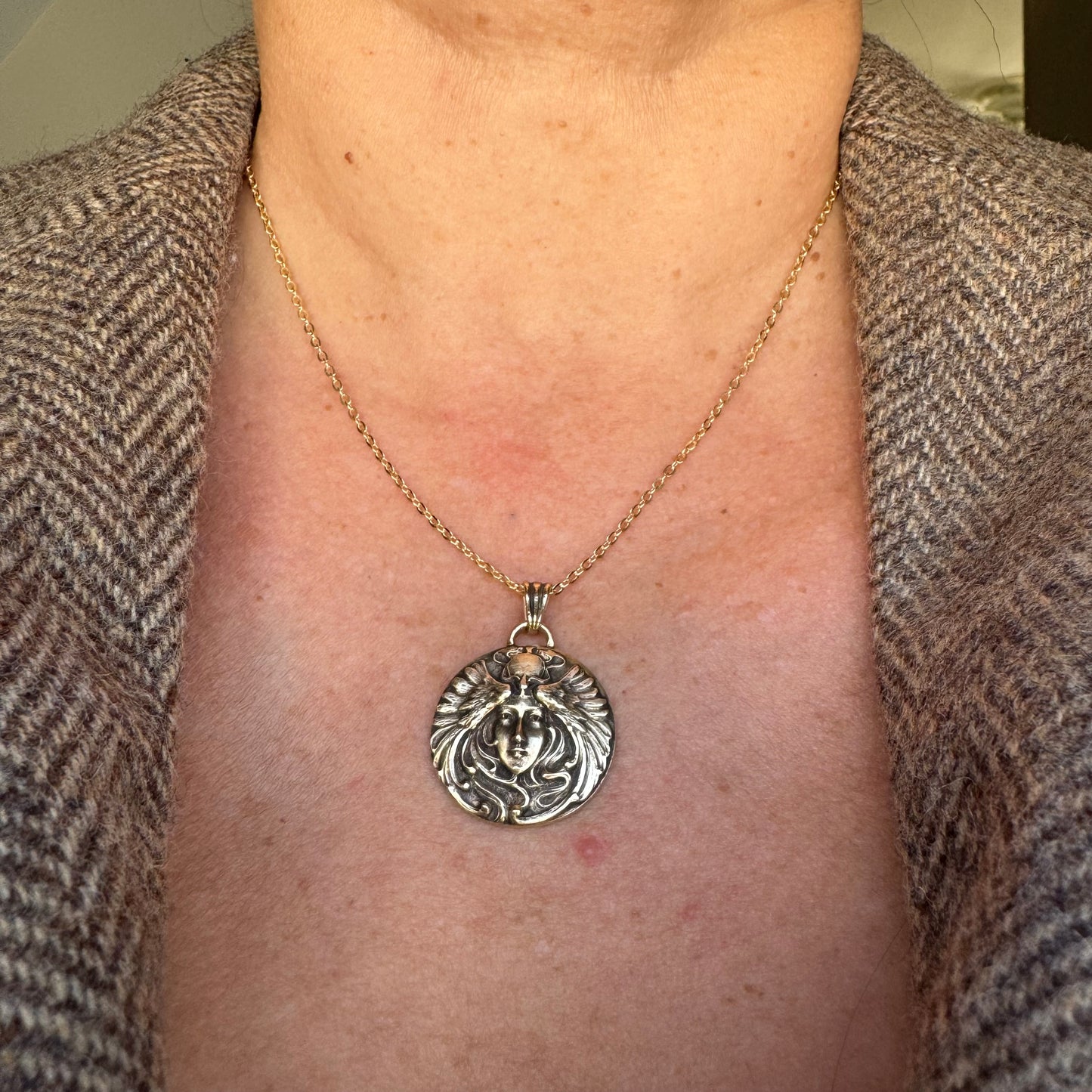 Art Nouveau Warrior Goddess handmade brass necklace