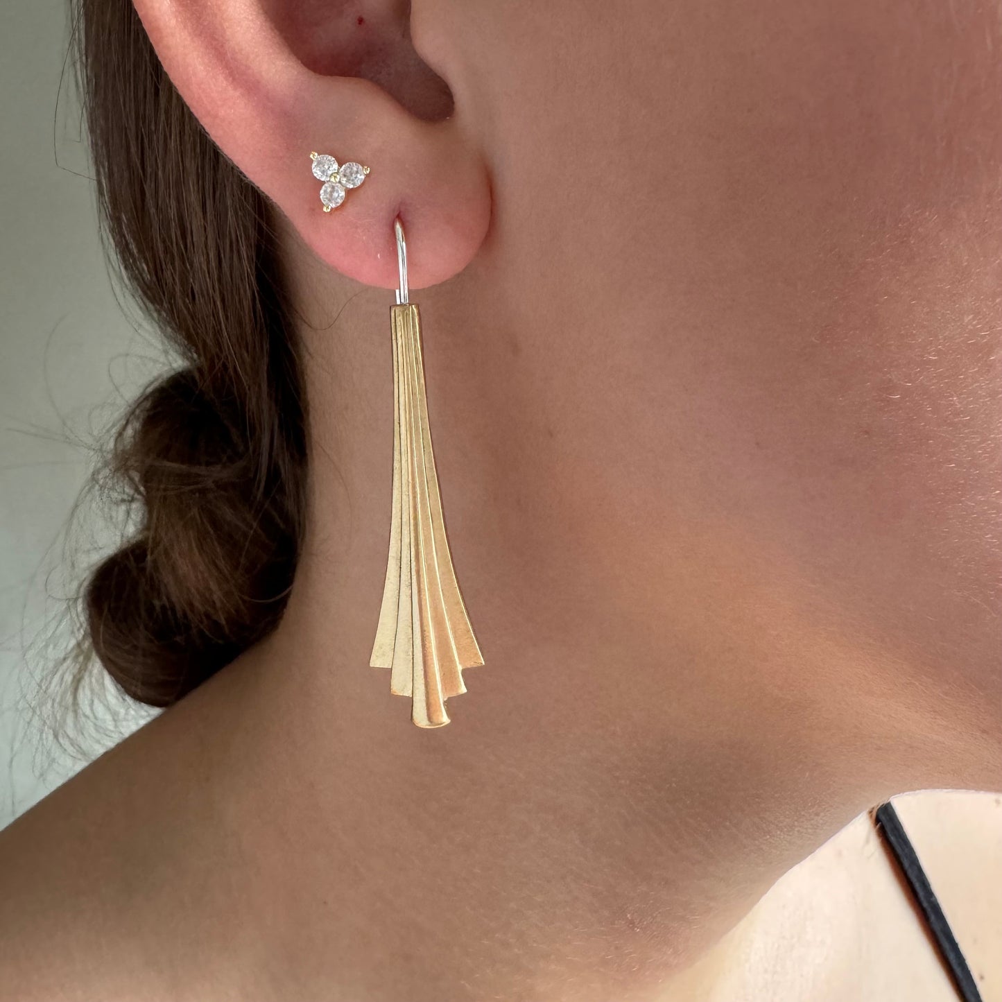 Art Deco mixed metal gold Brass and Sterling Silver drop artisan earrings