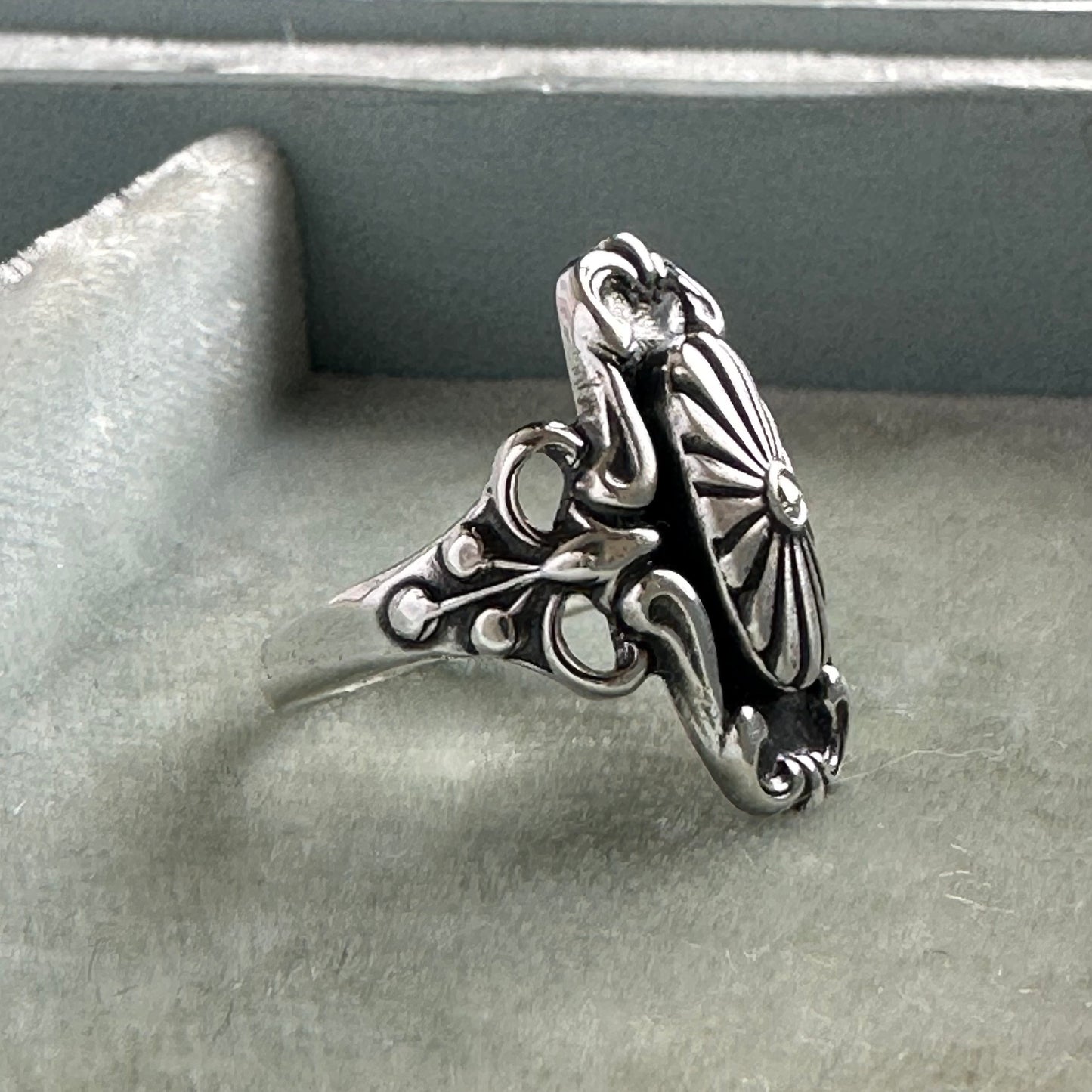 Vintage Victorian Gothic heirloom Moissanite statement ring in Sterling Silver