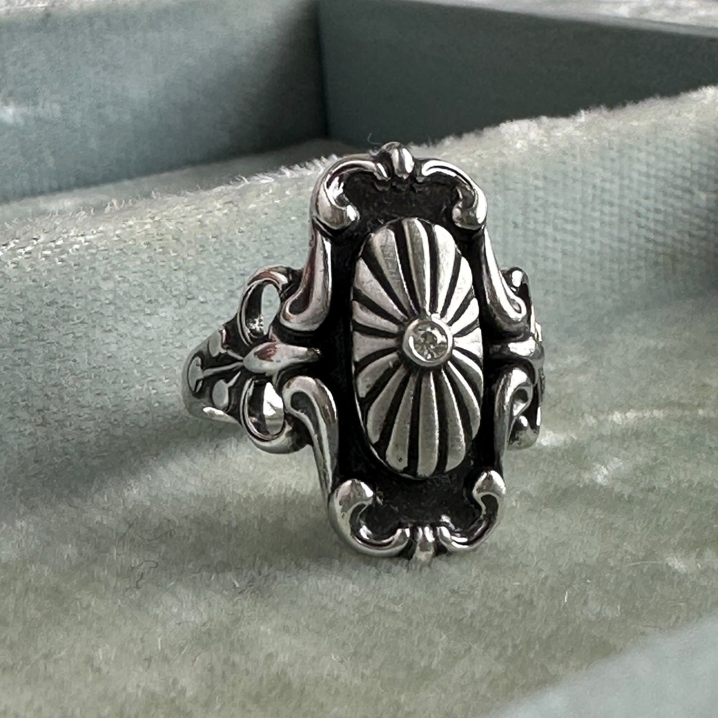 Vintage Victorian Gothic heirloom Moissanite statement ring in Sterling Silver