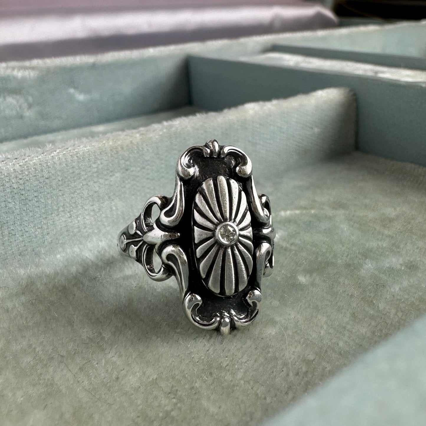Vintage Victorian Gothic heirloom Moissanite statement ring in Sterling Silver