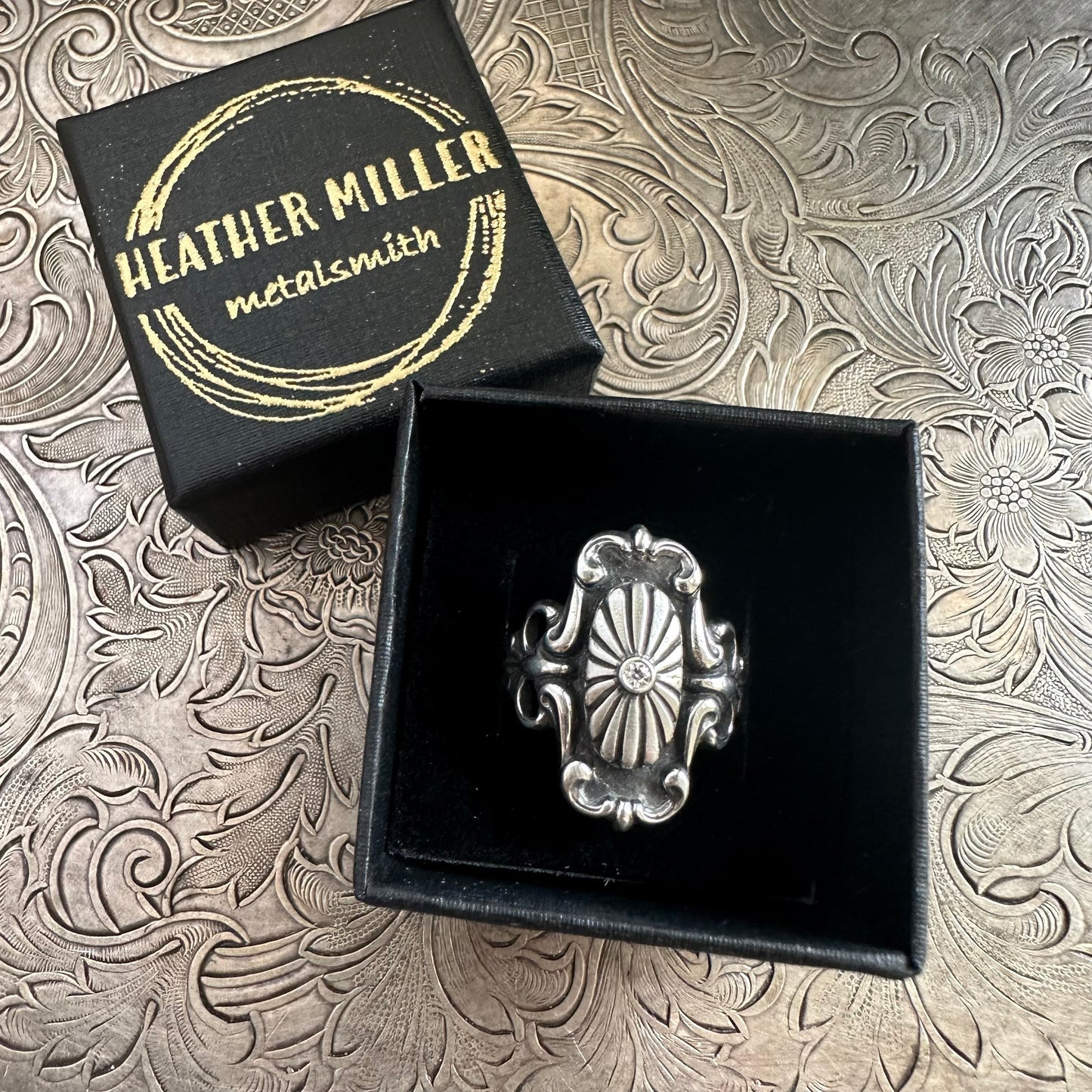 Vintage Victorian Gothic heirloom Moissanite statement ring in Sterling Silver