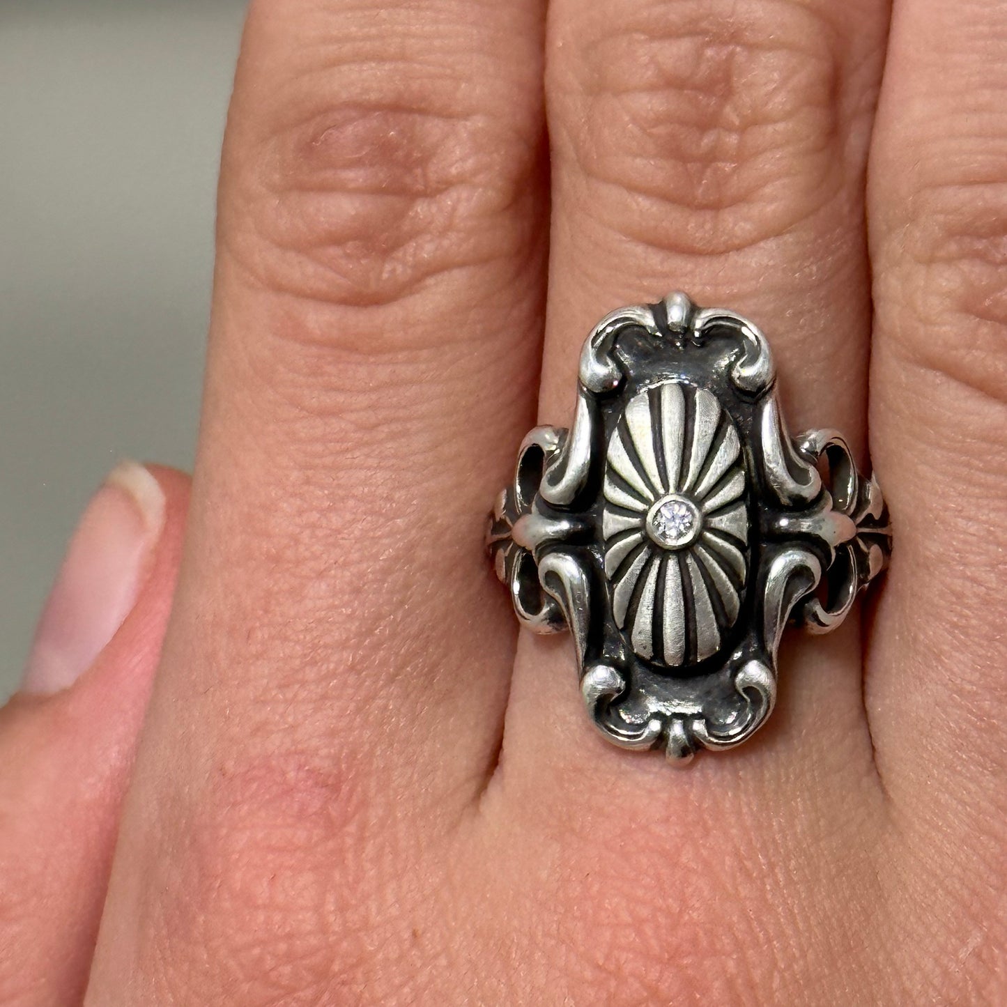 Vintage Victorian Gothic heirloom Moissanite statement ring in Sterling Silver