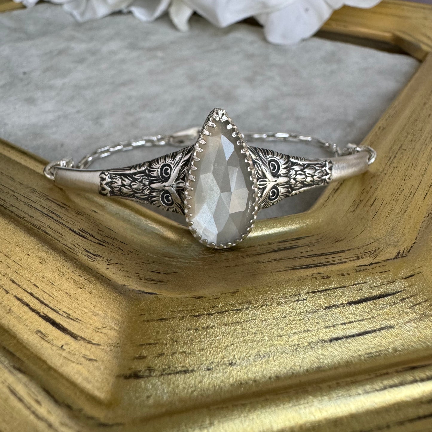 Vintage owl and Moonstone half cuff bracelet handmade in Sterling Silver