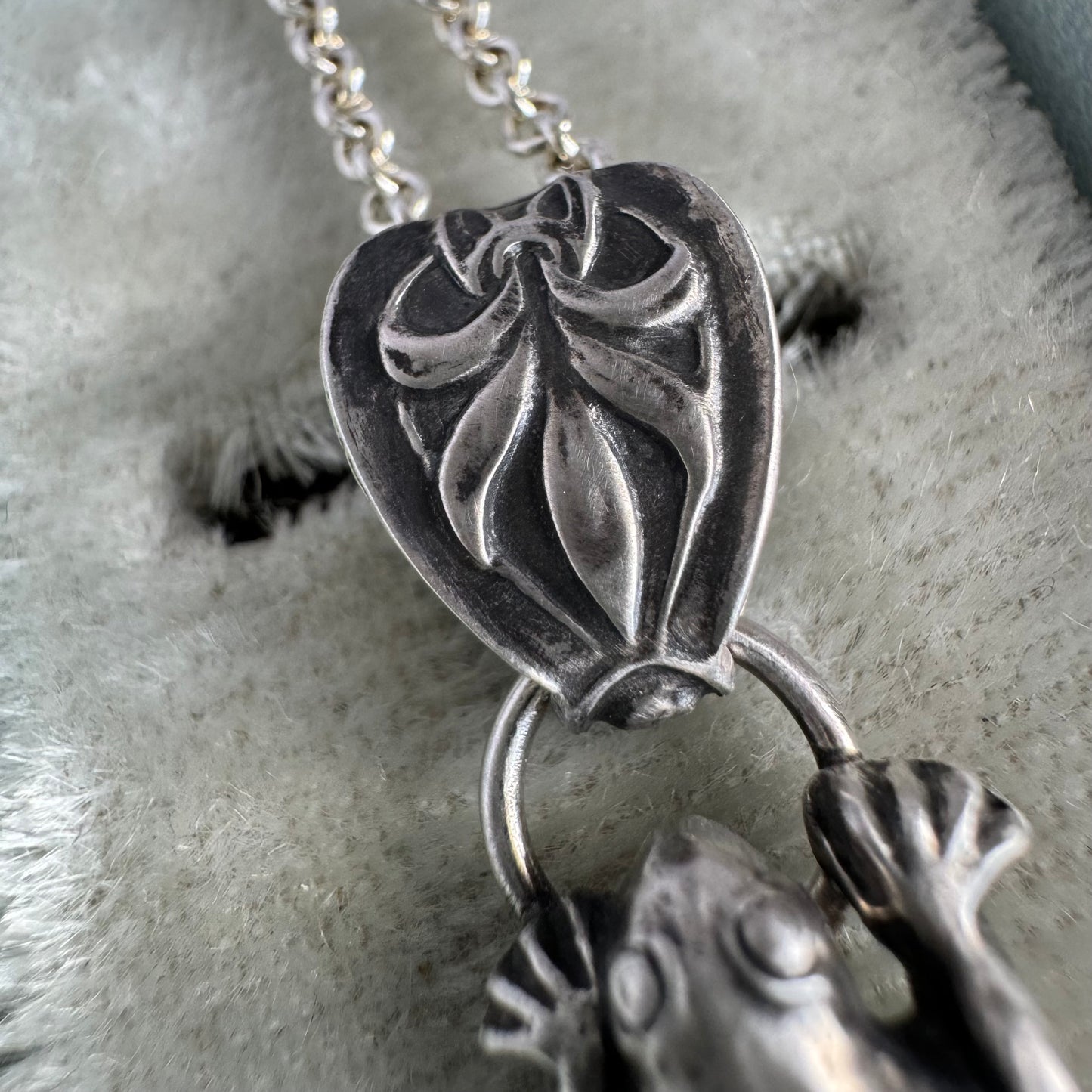 Artisan antique frog botanical necklace in Sterling Silver