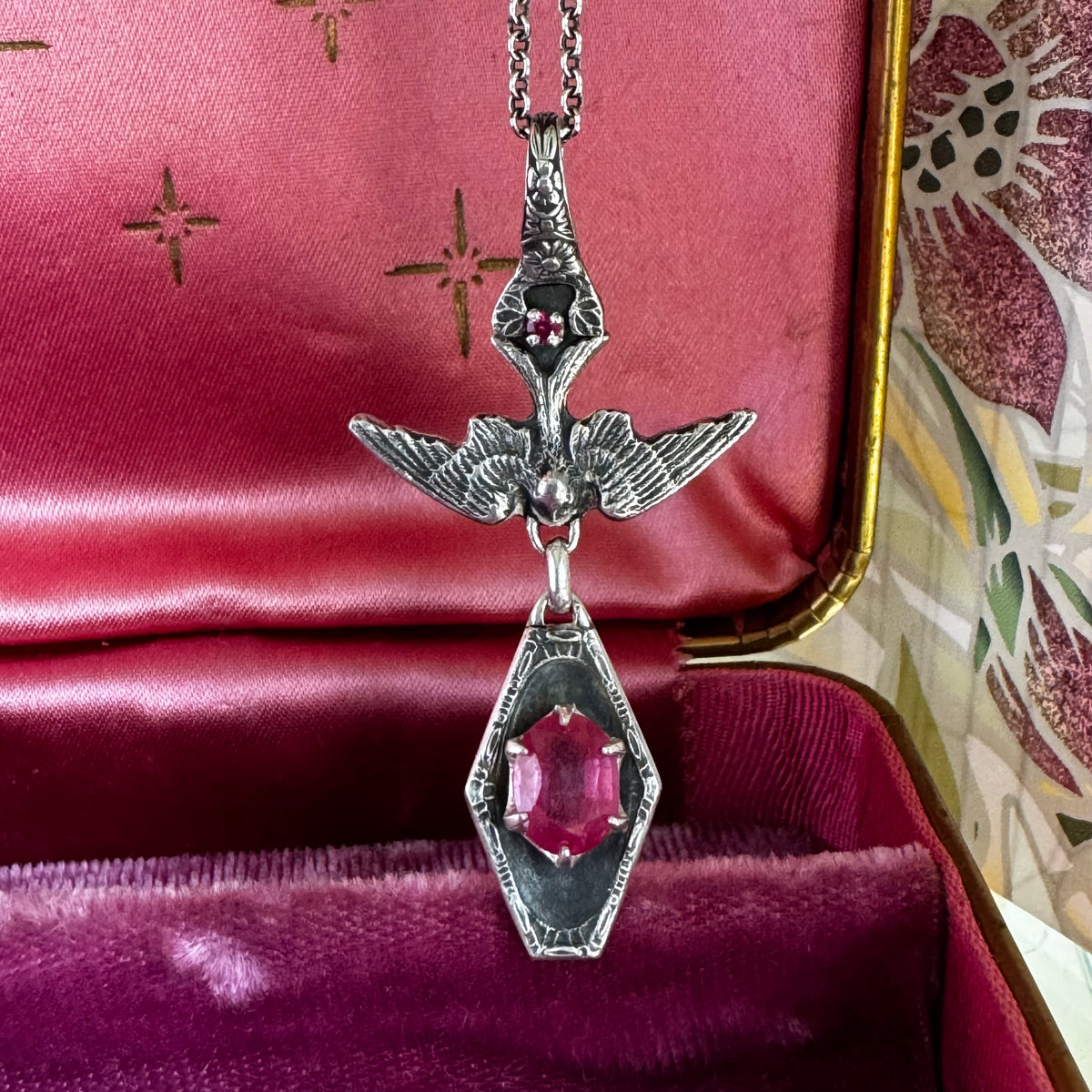 Victorian Gothic Pink Sapphire and Ruby artisan bird necklace in Sterling Silver