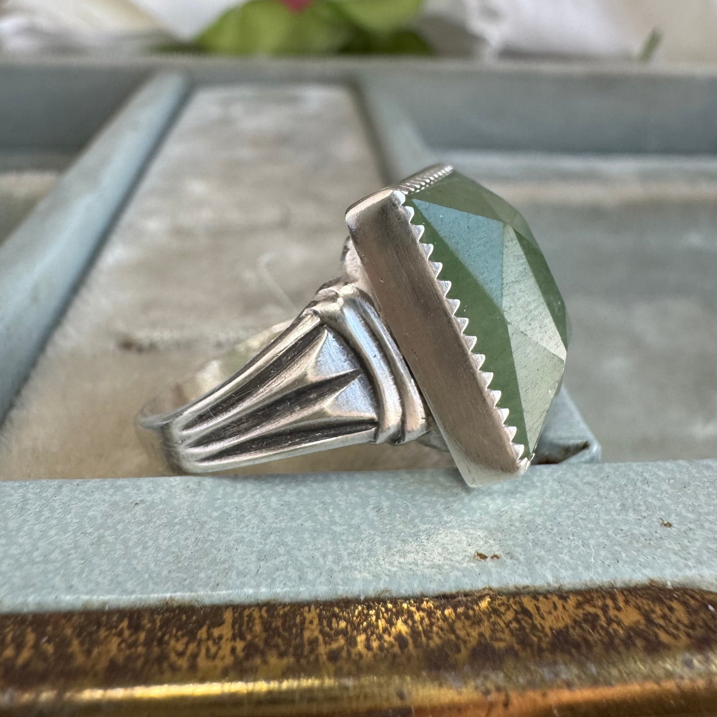 Art Deco Aventurine handmade cocktail ring in Sterling Silver