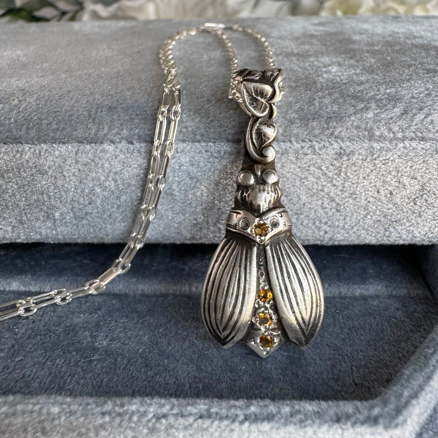 Botanical Firefly artisan Citrine necklace in Sterling Silver