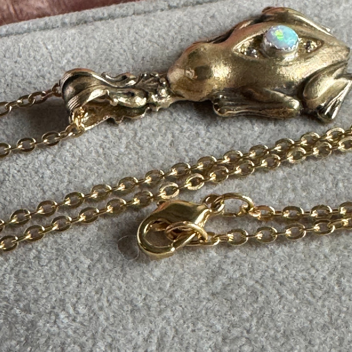 Victorian Frog artisan Opal and Brass necklace